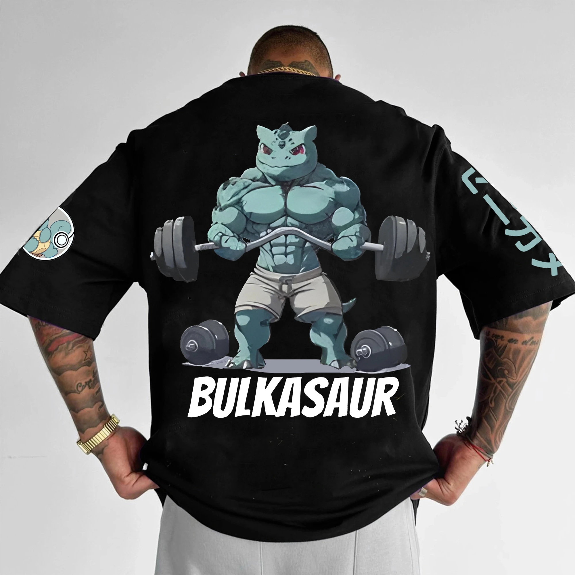 

Summer 2026 Anime Pokemon Cotton T Shirt Muscle Bulbasaur Back Print With Weight Lifting Design Loose Fit Men Women Casual
