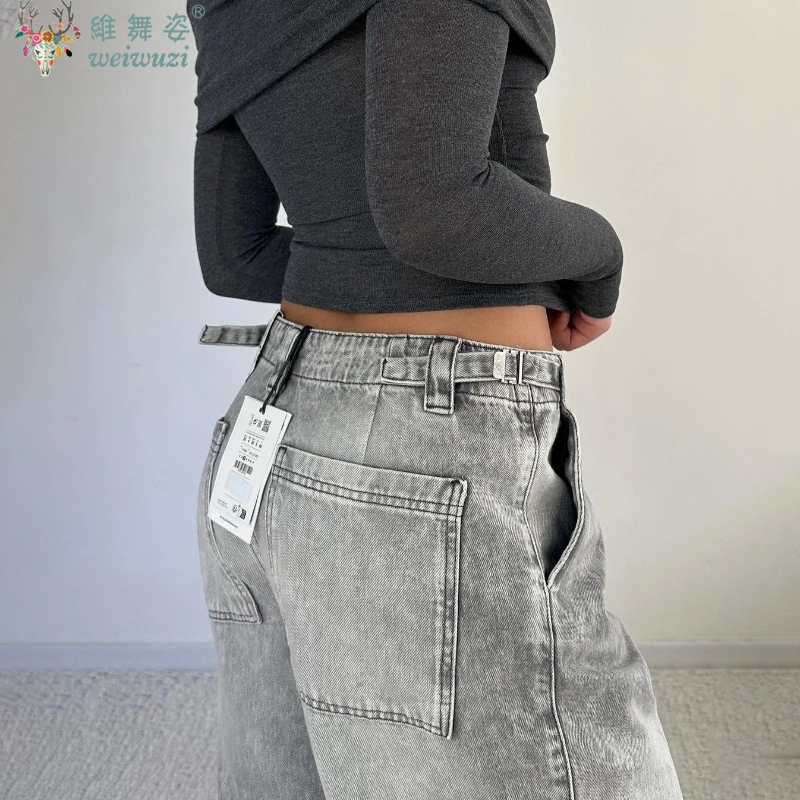 กางเกงยีนส์ผู้หญิงสีเทาสไตล์ฮาราจูกุ ขากว้างลำลอง กอธ เอวสูง ทรงตรง สตรีทแวร์ ทรงหลวม Y2K
