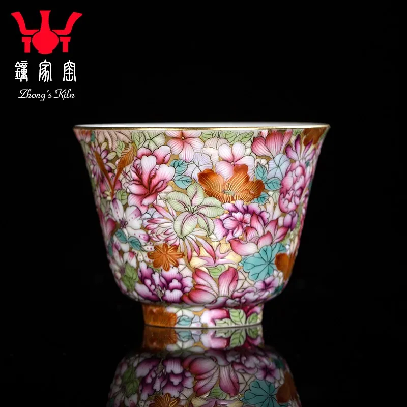 Zhongjia Kiln Enamel Color Master Cup Jingdezhen Tea Set Handmade Small Teacup Single Cup Enamel Color Gold Land Wanhua Cup