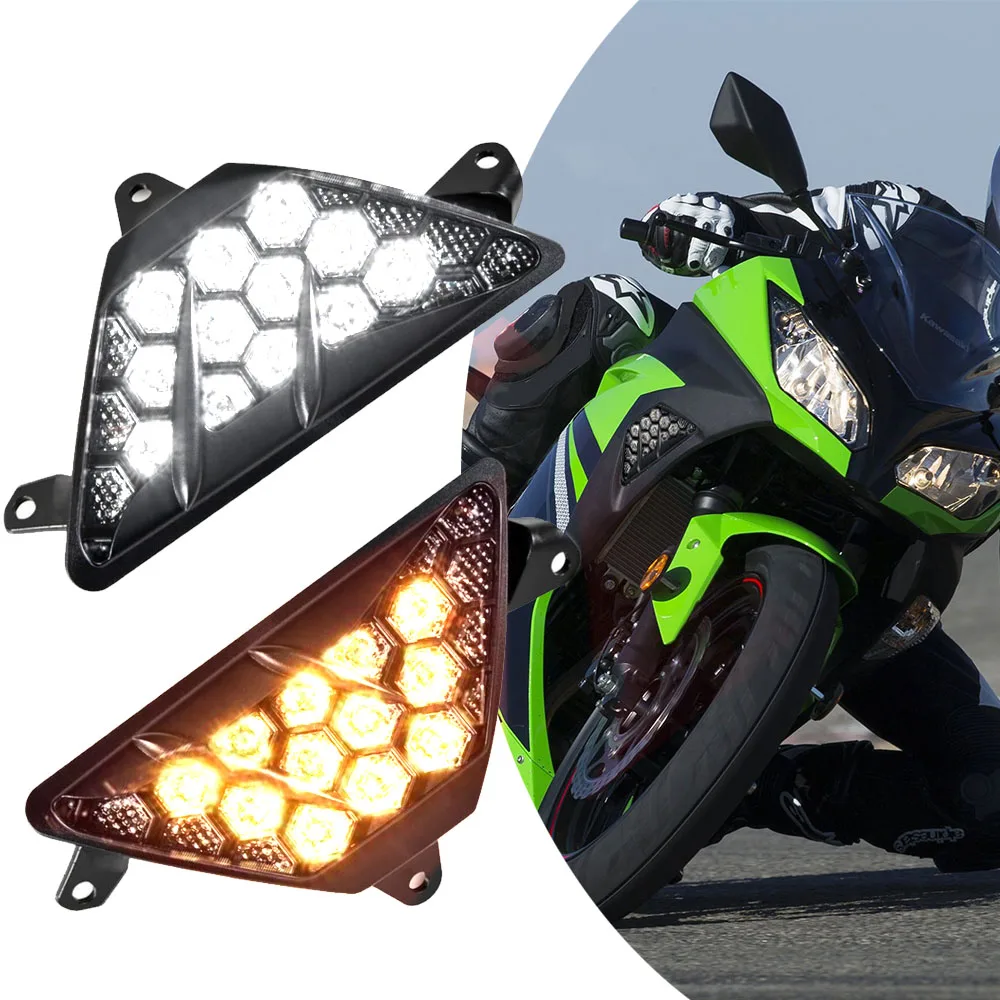 

For KAWASAKI NINJA 300 400 650 1000 ZX-6R ZX-4R ZX25R Motorcycle LED Turn Signal Lamp Indicator Flasher Light W/White DRLs Light