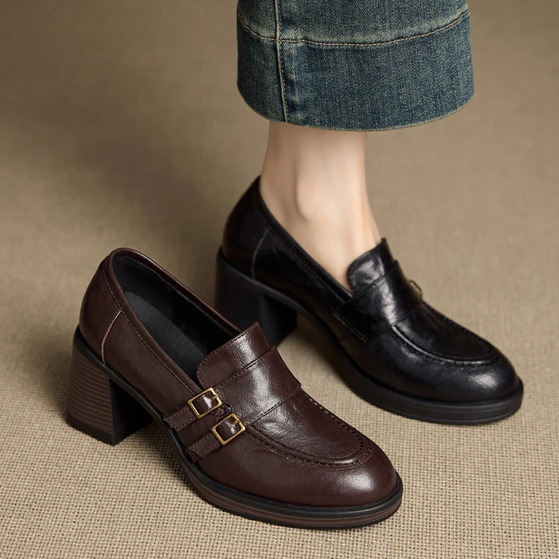 

AIYUQI 2026 New Women's High Heels shoe Retro square heel dress shoes women female slip-on British style loafers