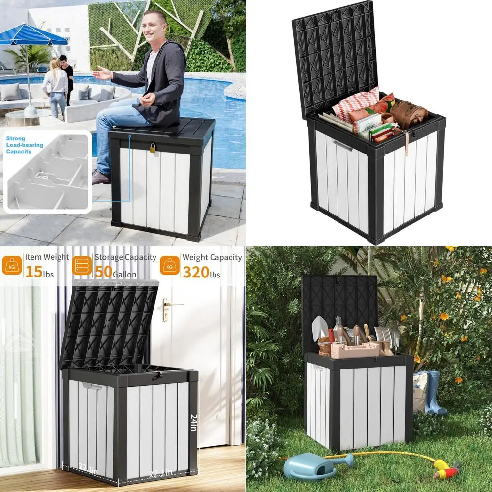 

Ящик для хранения на открытом воздухе на 50 галлонов, водонепроницаемый, устойчивый к УФ-излучению, из полимерной смолы, с усиленной стабильностью для патио, сада и зоны у бассейна
