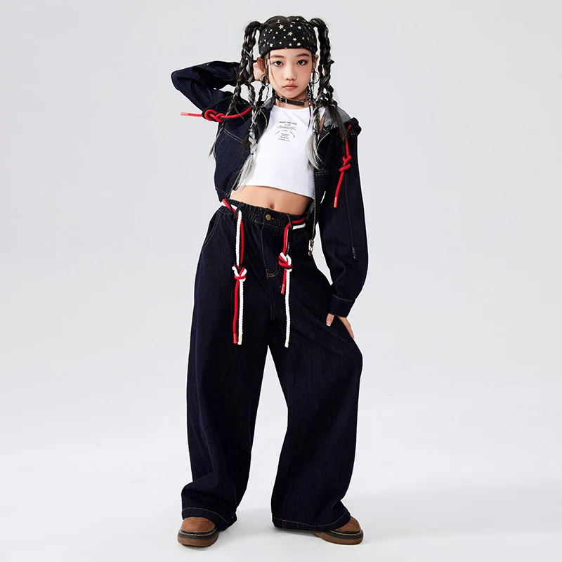 2024 New Ballroom Hip Hop Dance Costumes For Girls Denim Shirt Loose Pants Streetwear Kids Jazz Performance Stage Wear DQS18155