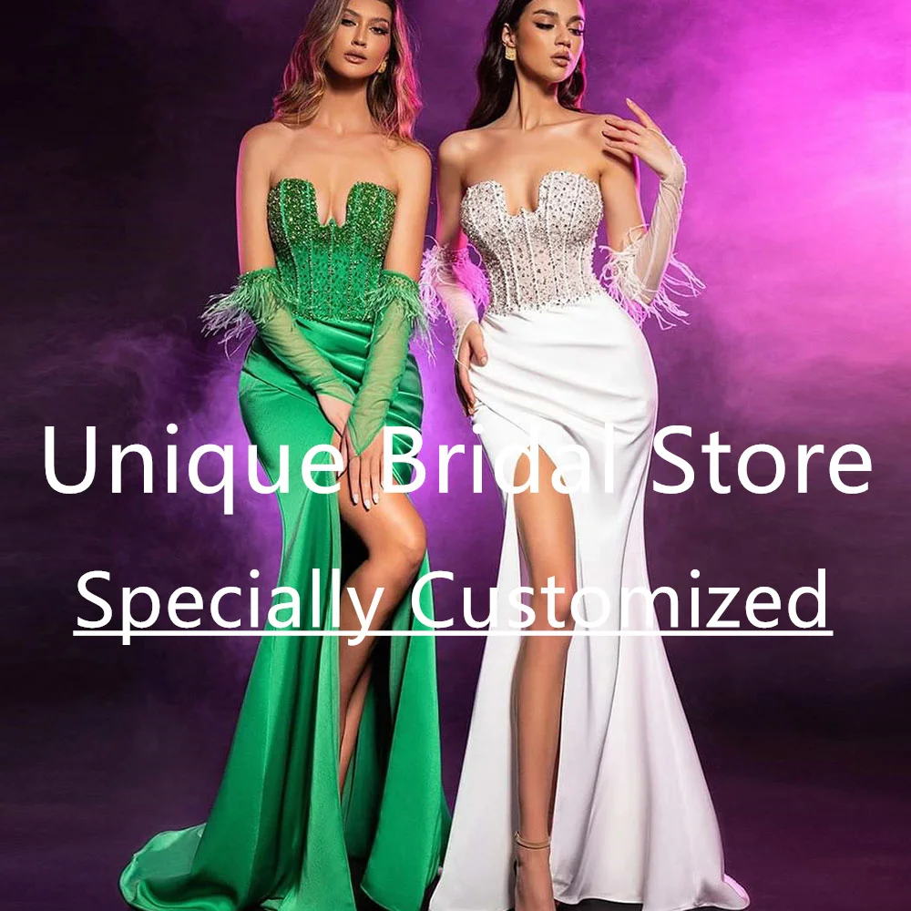 Satin Mermaid Prom Dress Sweetheart Neck Beaded Backless High Split Draped Back Zipper With Gloves бальное платье женское