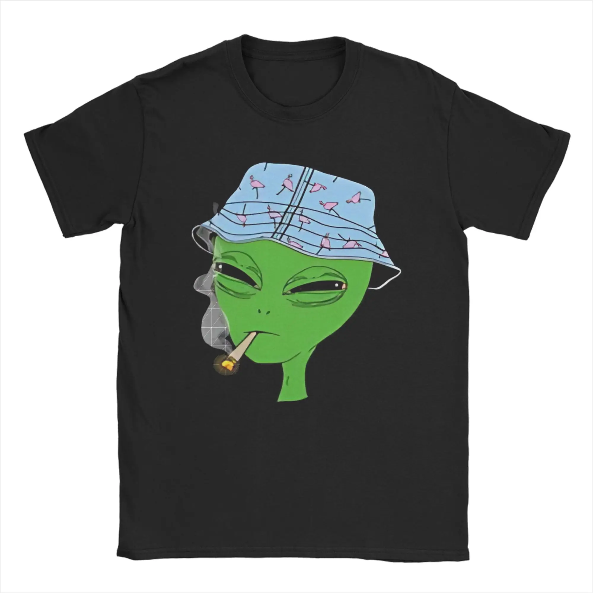 Leisure Alien Smoking Wear Flamingo Bucket Hat T-Shirt for Men Round Collar Cotton T Shirt  Short Sleeve Tees Summer Clothes