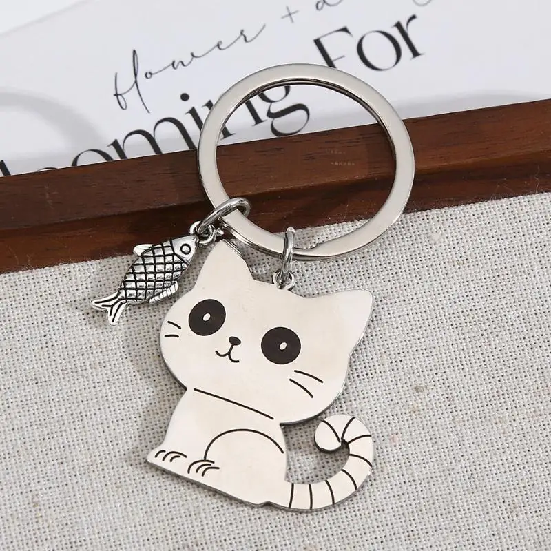 @*Creative Cute Cat Fish Keychain Anti-rust Stainless Steel Key Ring Fashion Bag Charm Birthday Gift for Women Men