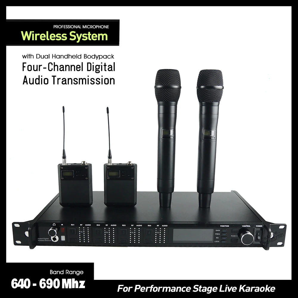Micrófono inalámbrico AD4Q, sistema de Audio Digital de cuatro canales con transmisor de petaca de mano Dual para Karaoke de escenario Vocal en vivo