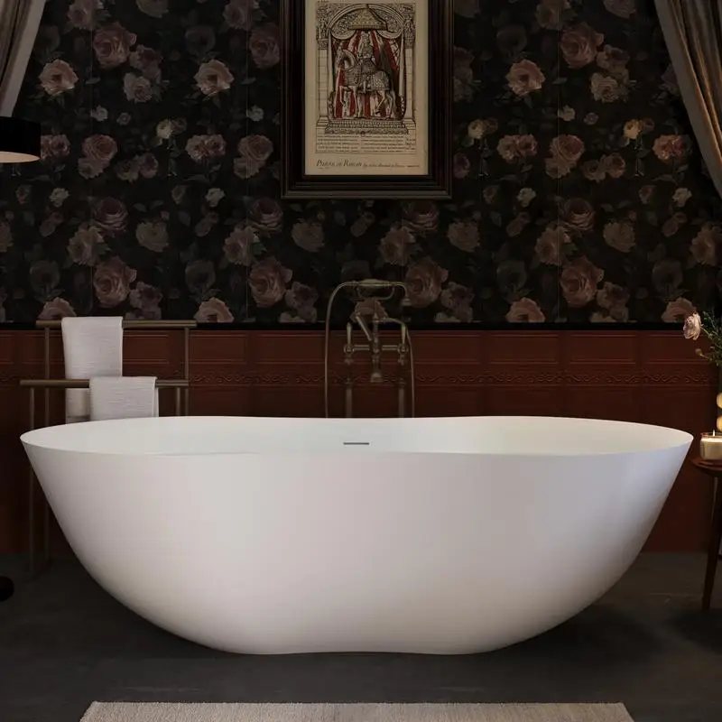 

67 Inch Freestanding Solid Surface Bathtub, Stone Resin Bath Tub with Overflow and Pop-up Drain, Matte White Finish, Modern