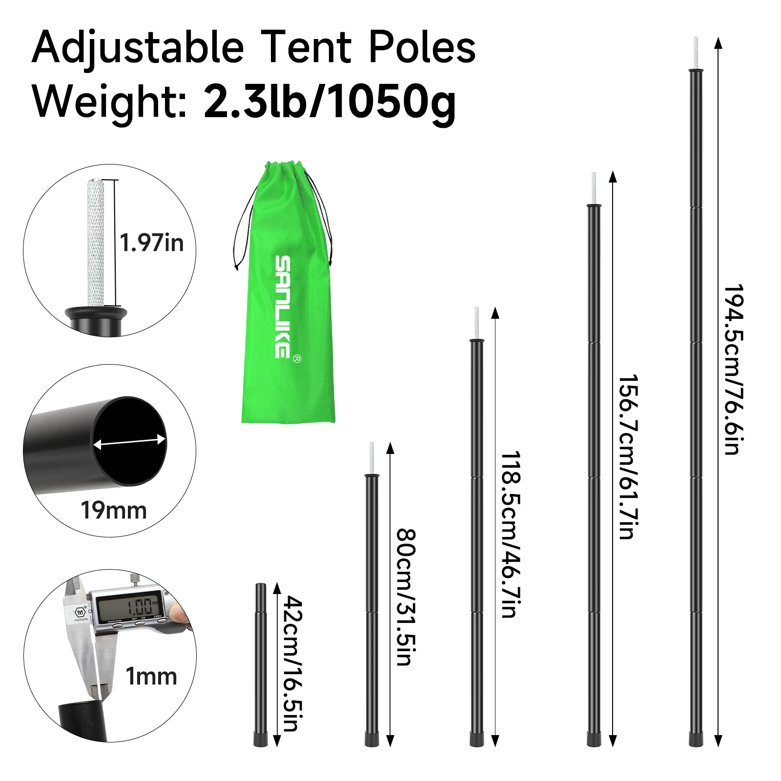 SANLIKE 2-Piece 190cm Iron Tent Pole Adjustable Tarpaulin Pole Tarpaulin Awning Camping Iron Pole Spring Hook Pole