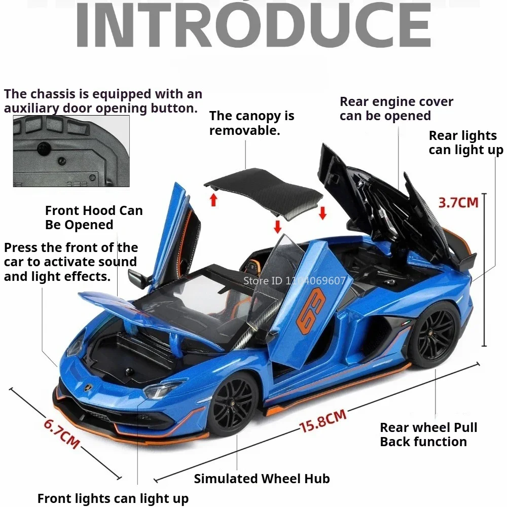 1:32 Scale SVJ63 Toys Models Cars Alloy Diecast 4 Doors Opened Light Sound Miniature Supercars Pull Back Cars Table Ornaments