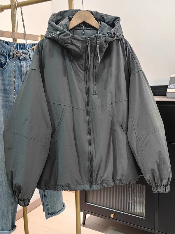 Loose Fit Double Zipper Cotton Jacket Women's Korean Style Hooded Cotton Workwear Style Coat Long Sleeve Pure Color Straight Cut