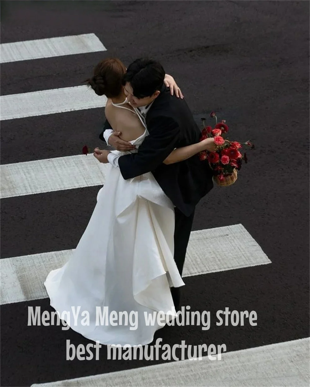 ZHUISHU 간단한 실크 새틴 파티 드레스 사진 촬영 원 숄더 티 길이 신부 가운 코르셋 백 맞춤 제작 한국 결혼식