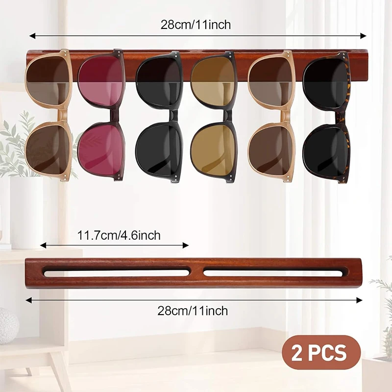 2pcs Wooden Wall Mounted Glasses Holder No-Drill Vertical Sunglasses Organizer Space-Saving Eyewear Display Rack for Home
