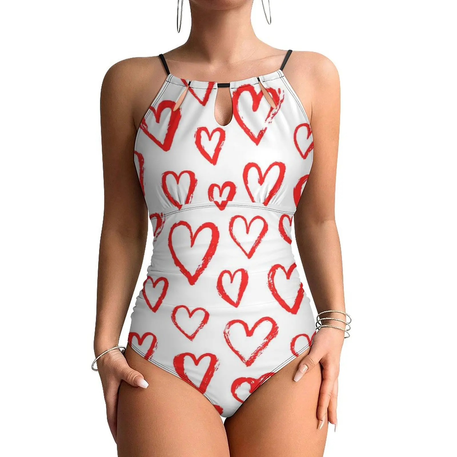 

Red Heart Swimsuit Graffiti Art Swimwear One Piece Surfing Design Swimsuits Hollow Out Bathing Suit Woman Push Up Sexy Beachwear