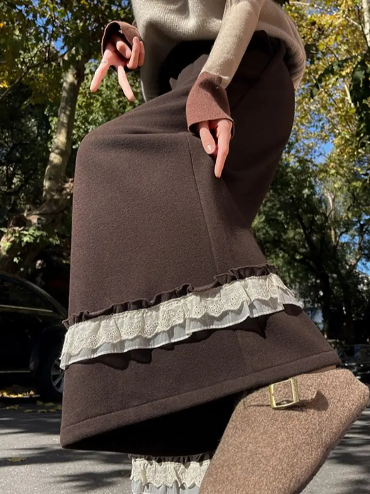 

High Waist Fce Lined Straight Leg Pants Women's Autumn Winter Wide Leg Casual Floor Length Trousers Lace Trim Patchwork