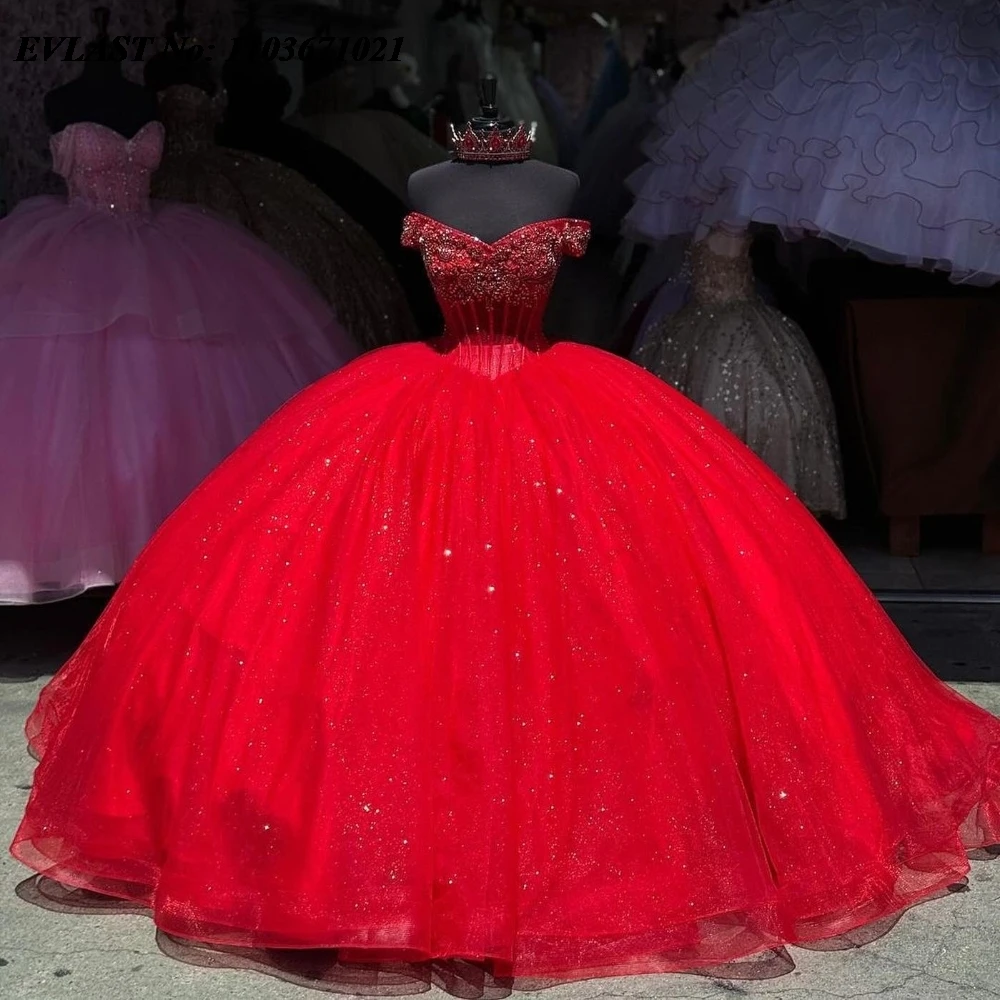 EVLAST Shiny Red Off Shoulder Quinceanera Dress Ball Gown Applique Beading Mexican Corset Sweet 16 Vestidos De 15 Anos SQ751