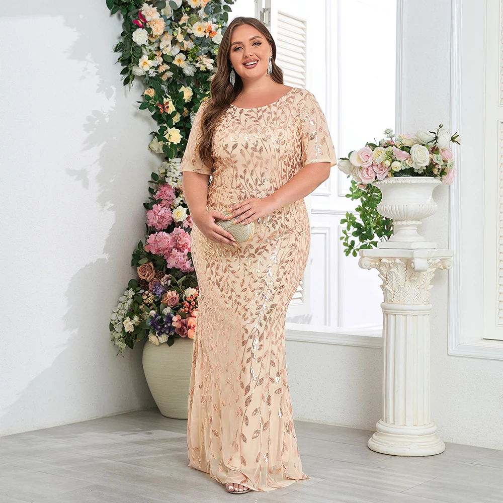 Robe de soirée de forme sirène, grande taille, dorée, col rond, manches courtes, paillettes brodées, robe de fête d'anniversaire, nouvelle collection 2025