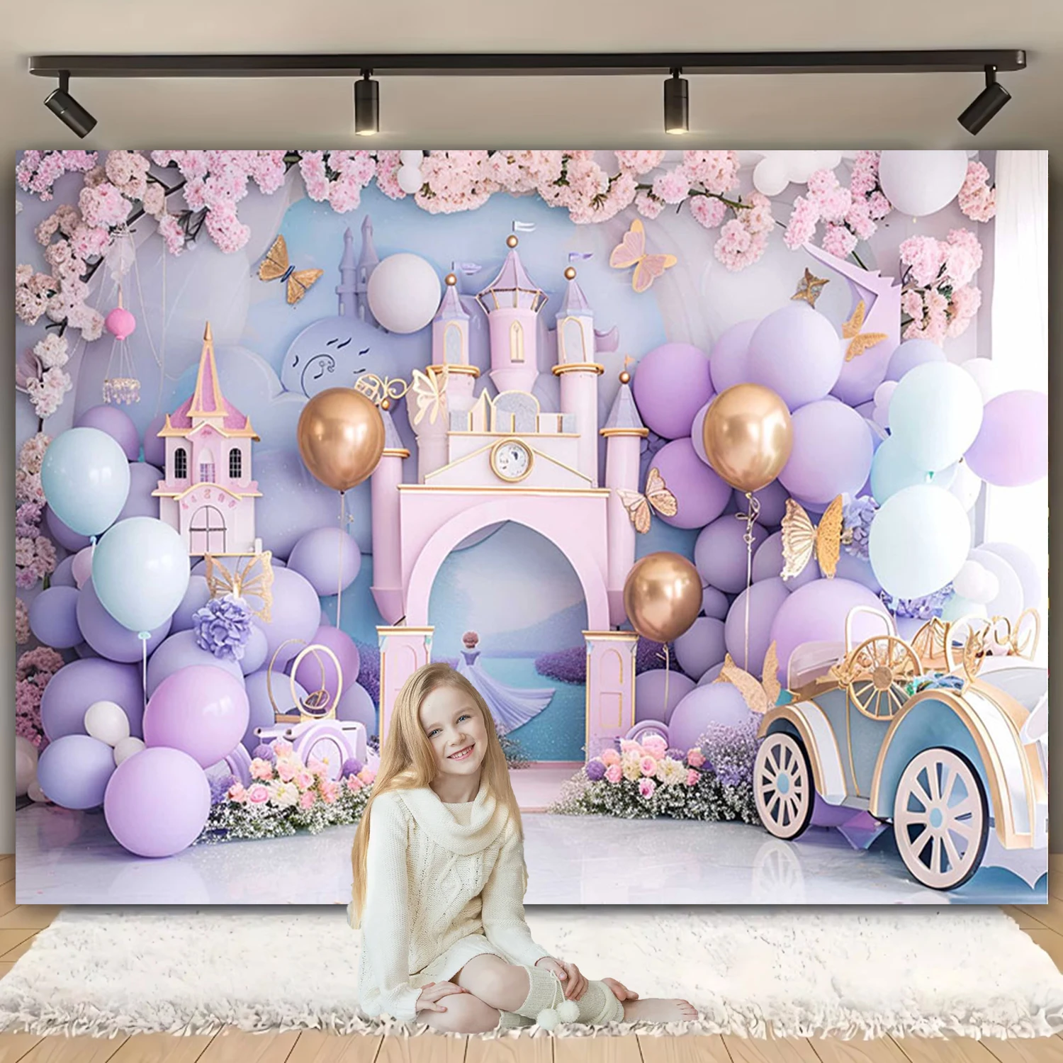 Фон для фотосъемки с изображением замка принцессы для дня рождения девочки розовые фиолетовые воздушные шары цветы торт разбитый ребенок фотореквизит подарки