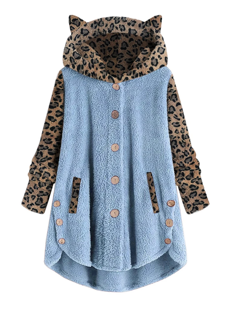 Leopard Print Fleece Hoodies Women kawaii Cat Ears Plush Coat Female Autumn Winter Long Sleeve Casual Fashion Button Sweatshirts