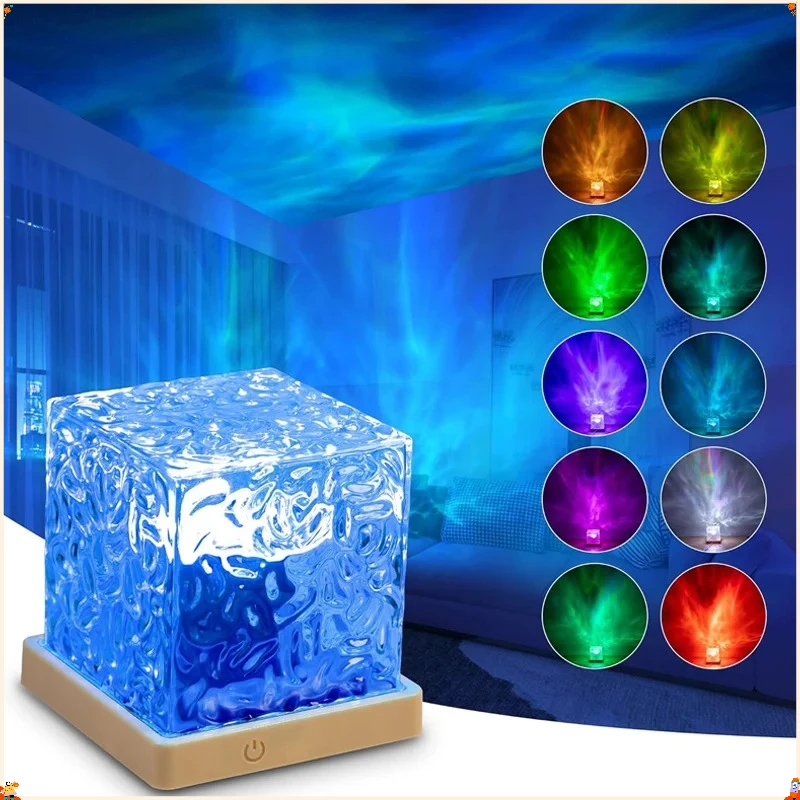 16 Colors Ocean Wave Aurora Projector Light, RGB Dynamic Rotating Water Ripple Table Lamp with Remote Control