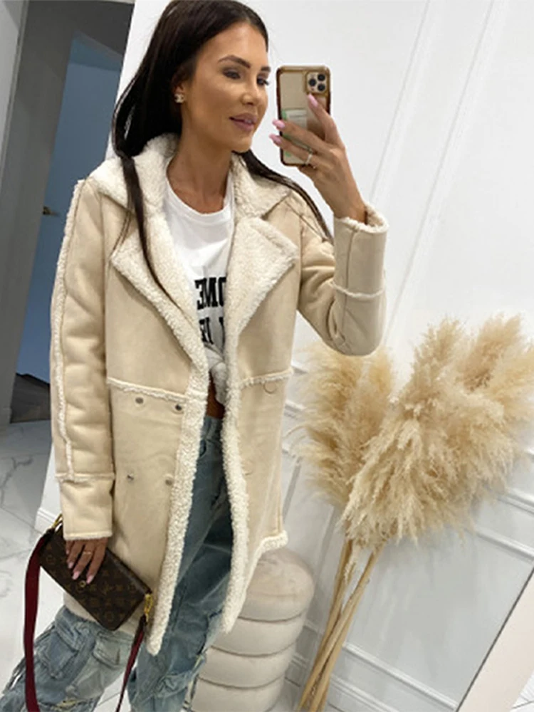 

Vintage Lambswool Coat Women Autumn Winter Casual Loose Fluffy Jacket Female Autumn Winter Long Sleeve Double Breasted Outerwear