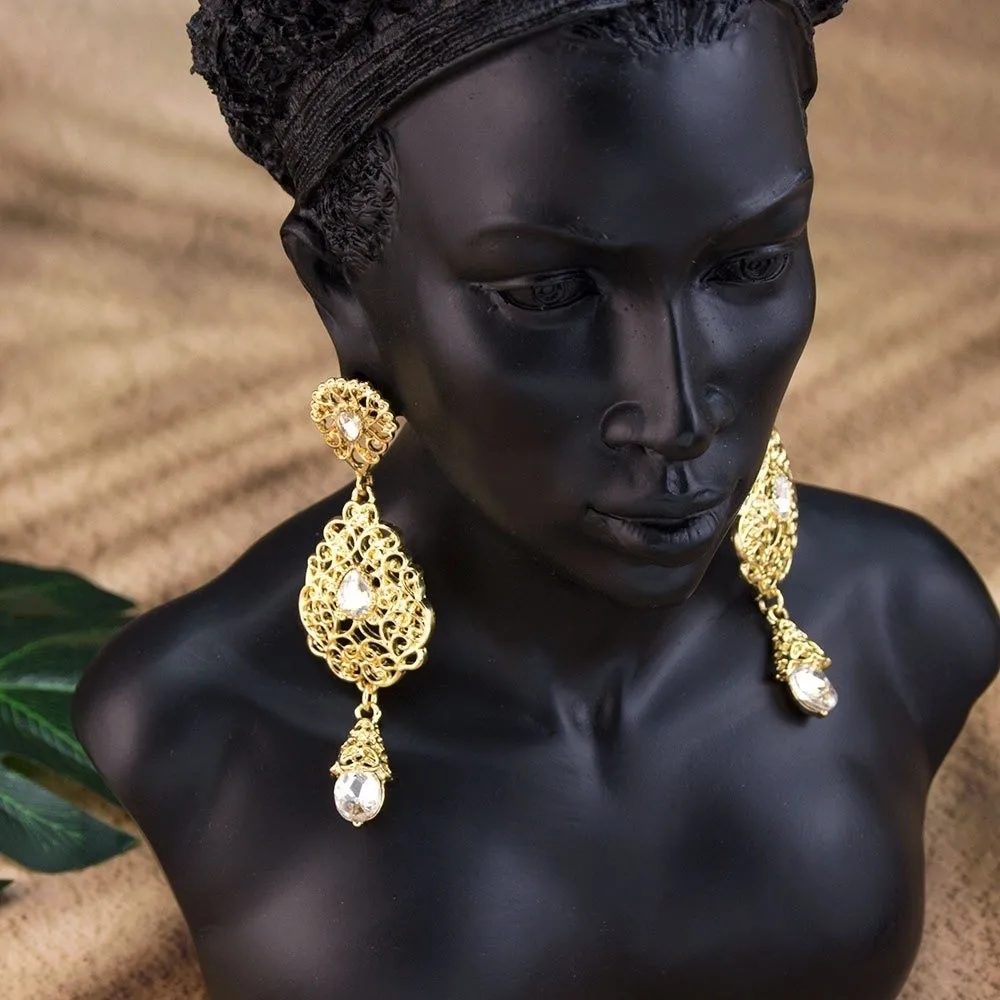 1 Pair Hollow Design Arabic Earrings Water Droplet Shape Crystal Pendant Hollow Earrings Traditional Style Bridal Earrings