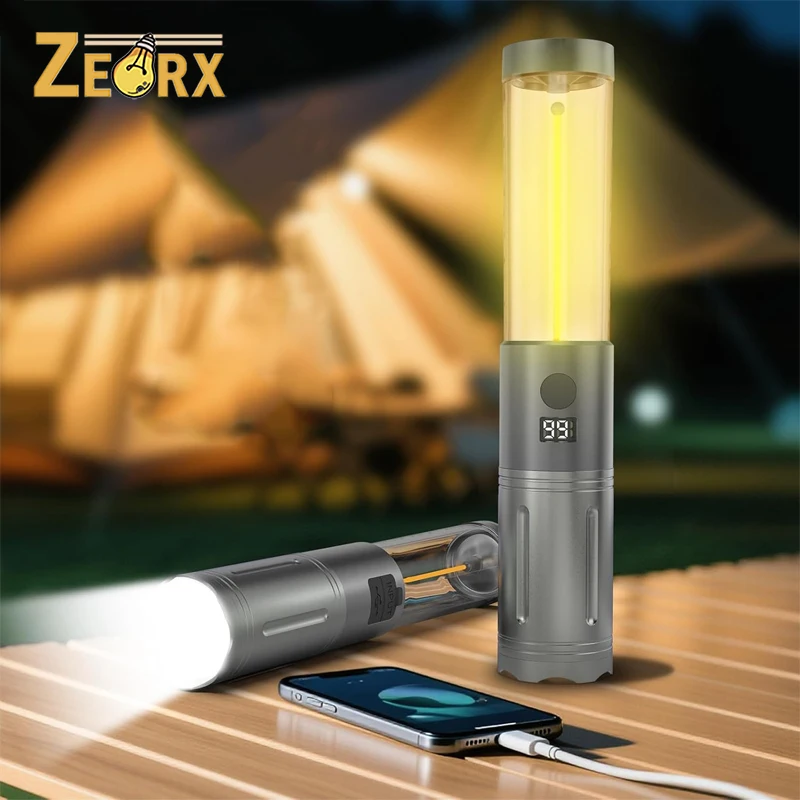 

Rechargeable Camping Lantern and Flashlight 2-in-1, 6 Modes LED Telescopic Light with USB Output, LCD Screen for Camping Hiking