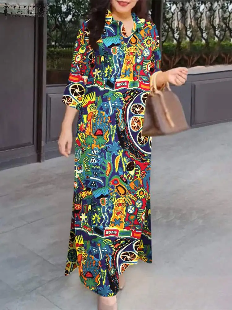 ZANZEA Vintage jesienna sukienka letnia moda OL praca Vestido eleganckie sukienki imprezowe damskie z klapami 3/4 rękaw sukienka z kwiatowym nadrukiem — zdjęcie 4