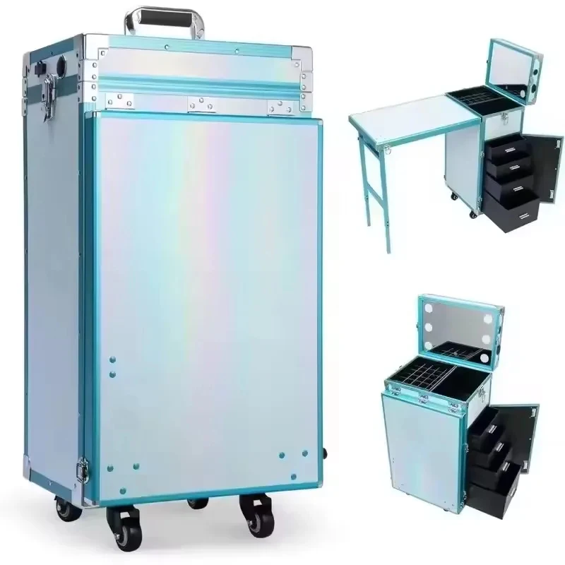 NEW Foldable Rolling Manicure Table Makeup Train Case with 4 Drawers Travel Nail Table Organizer with Mirror And Speaker