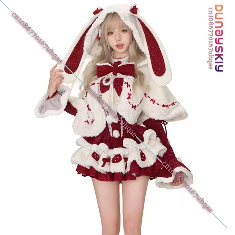 Winter Y2K Kawaii Lolita Dress Cosplay Costume Women Bow Hooded Shawl Short Jackets 2025 Christmas New Year Dresses Suit