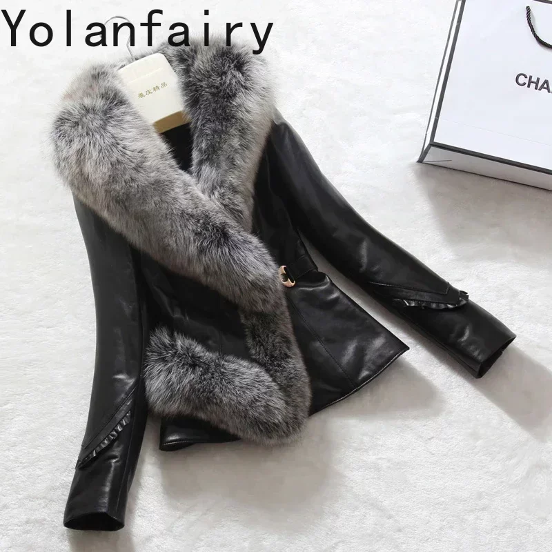 

Fashion Genuine Sheepskin Leather Jackets Down Cotton Coat Female Fox Fur Collar Women's Winter Jacket Mulheres Casacos Zjt1307