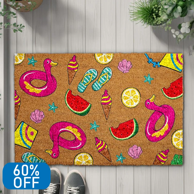 

Summer Vibes Doormat Waterproof Non-Slip Entrance Mat for Rainy Days Tropical Flamingo Watermelon Design Durable Outdoor Rug