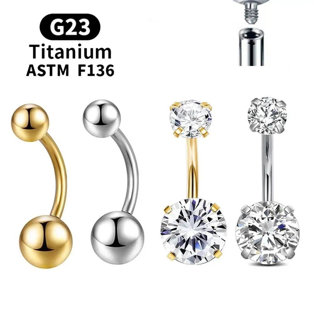ASTM F136 G23 Titanium Belly Button Belly Piercing Body Jewelry Round CZ Ball Internally Threaded Navel Rings Belly Bar 8mm 10mm