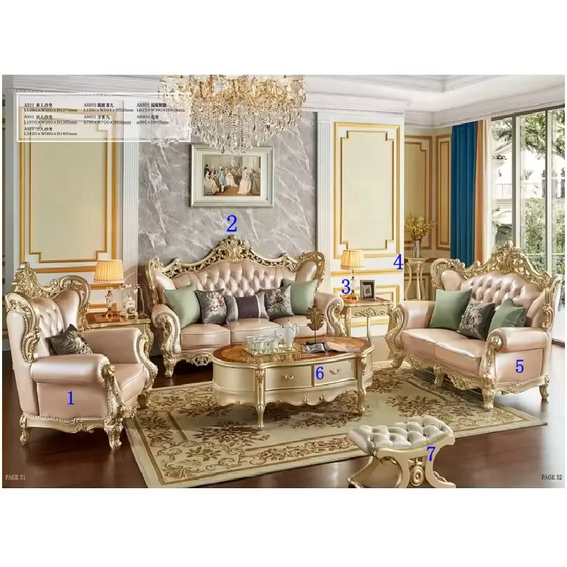 *# European Style Living Room Furniture Sets, Luxury Royal Carved Solid Wood Genuine Leather Sofa Sets