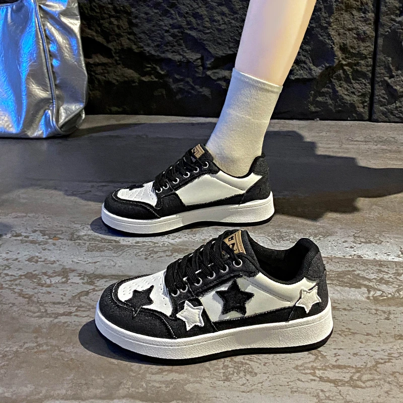 Zapatillas de Skate para Mujer con Decoración de Estrellas en Patchwork de Mezclilla, con Cordones, de Caña Baja, Suela Gruesa, Moda Casual para Uso Diario