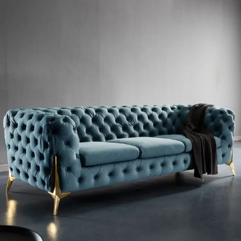 Nordic Modern Fabric Straight Sofa Light Luxury Buckle Design Compact Living Room Furniture for Apartment