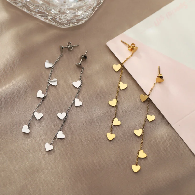 316L Stainless Steel New Fashion Upscale Jewelry Sweet Cute Long Tassel Dangle Love Heart Drop Earrings For Women Couples Gift