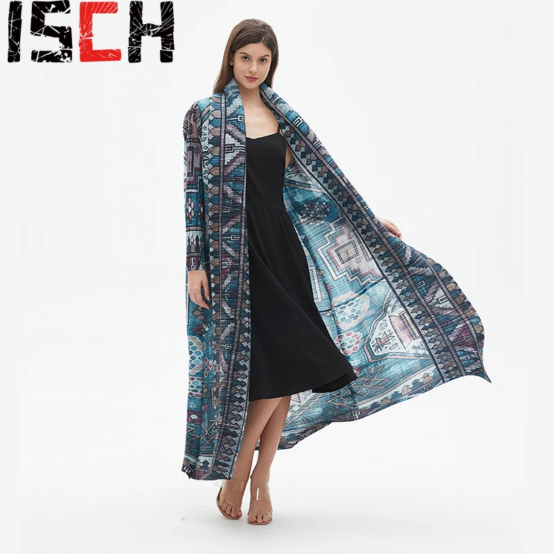 Pleats Pleated Original Printed Robe 2024 Spring Summer New Tribal Wind Personality Long Windbreaker Fashion Casual Loose Cape