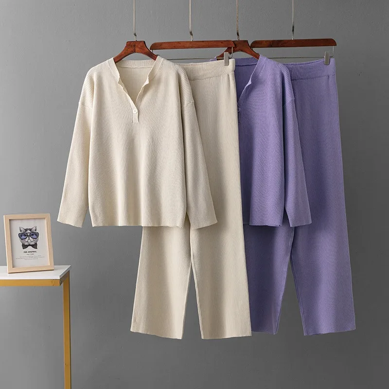 Autumn Winter Solid Color Sweater Suit Pit Strip Fashion V-Neck Fashion Sweater Loose Knitted Casual Pants Women Two-piece Sets