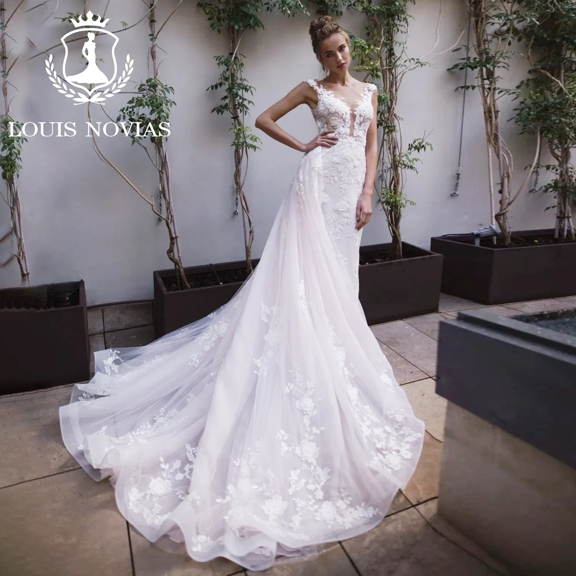 LOUIS NOVIAS Mermaid Wedding Dress 2023 Bride Deep V-neck Appliques Illusion Detachable Train Wedding Gown Vestidos De Novia