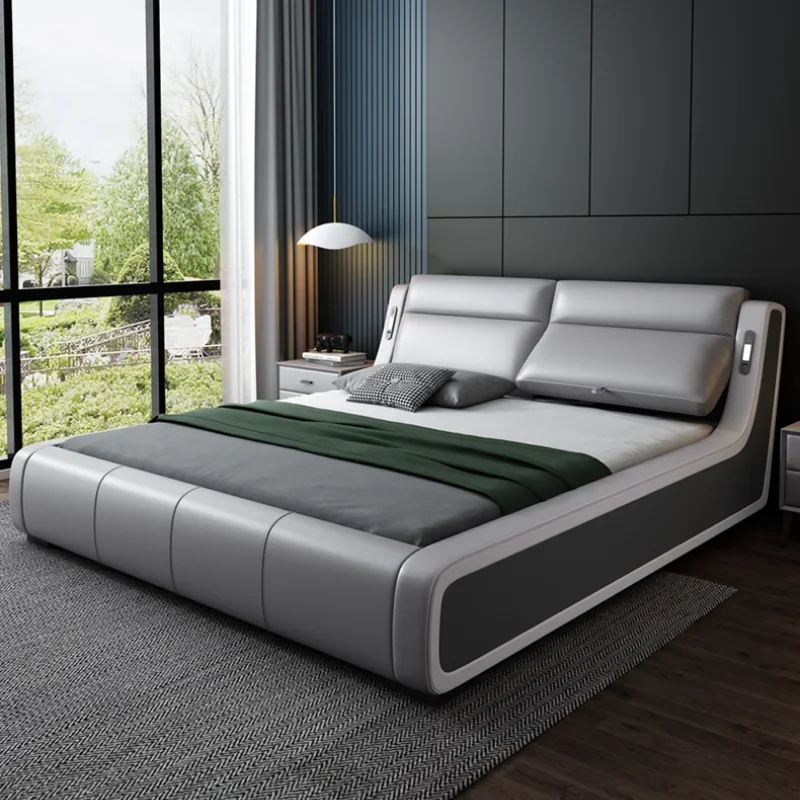 

Luxury Modern King Size Bed Frame Storage Italian Comferter Leather Bed Double Villa Cama De Casal Bedroom Set Furniture