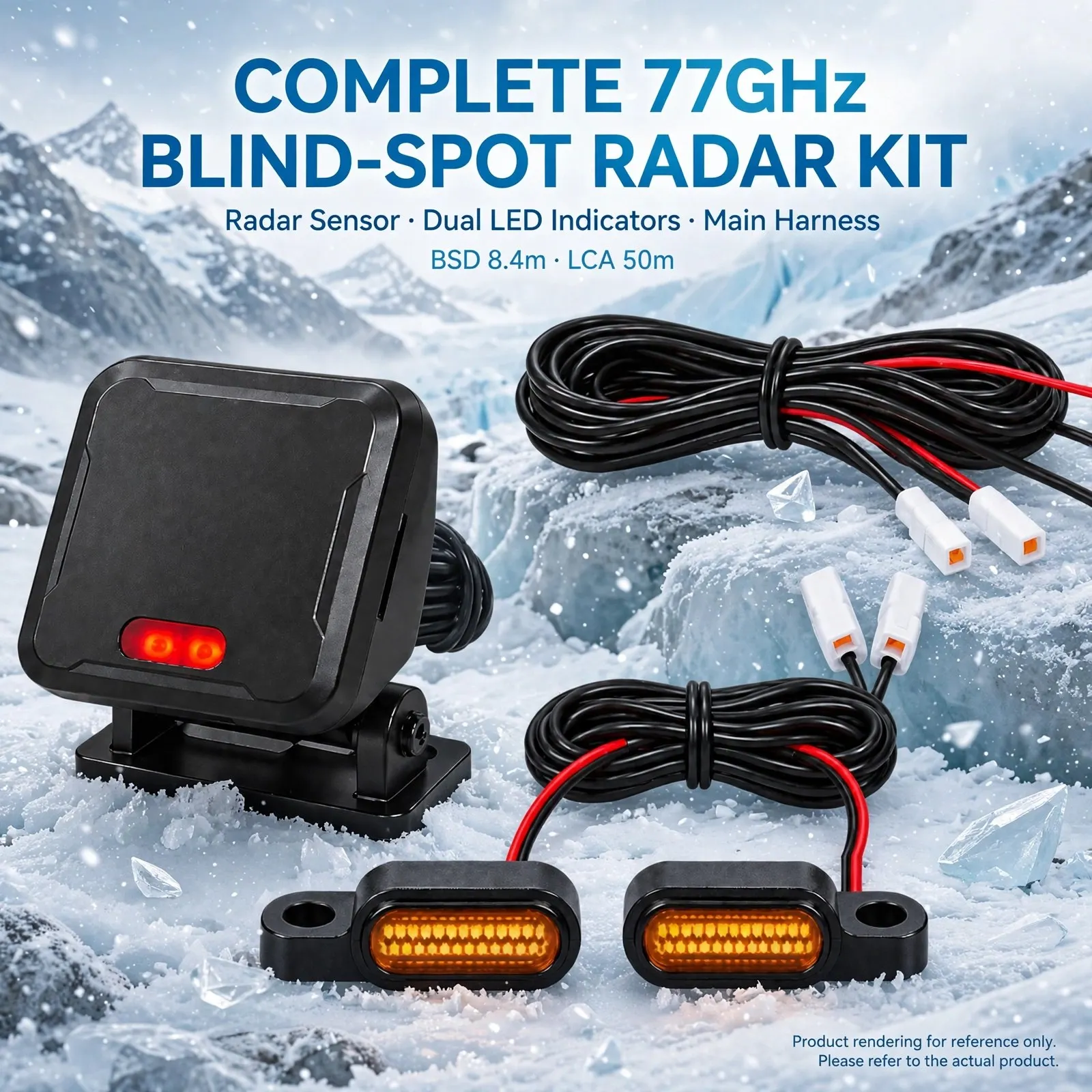 Motorcycle Blind Spot Radar – 77GHz Rear Detection System with Dual LED Alerts, Up to 70m Range, BSD 8.4m & LCA 50m (TTC≤5s), IP