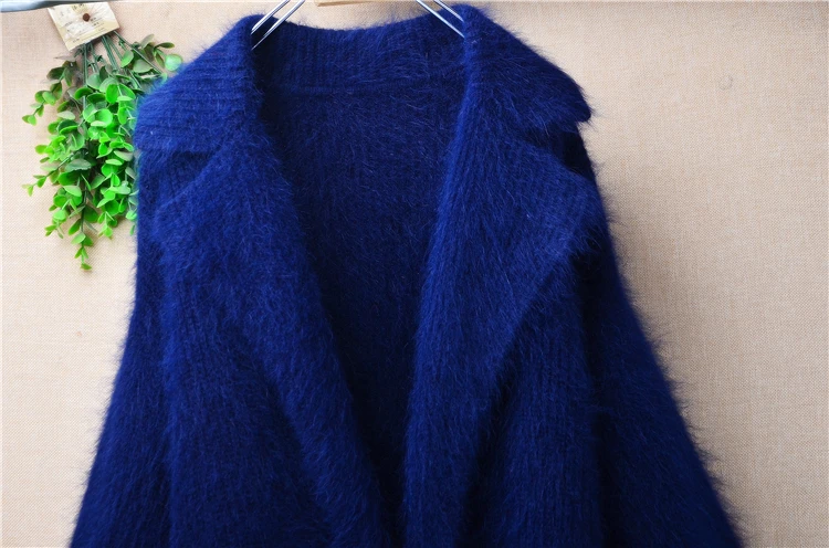 Ladies Women Autumn Winter Fashion Blue Hairy Mink Cashmere Knitted Long Lantern Sleeves Suit Collar Loose Cardigan Sweater Coat