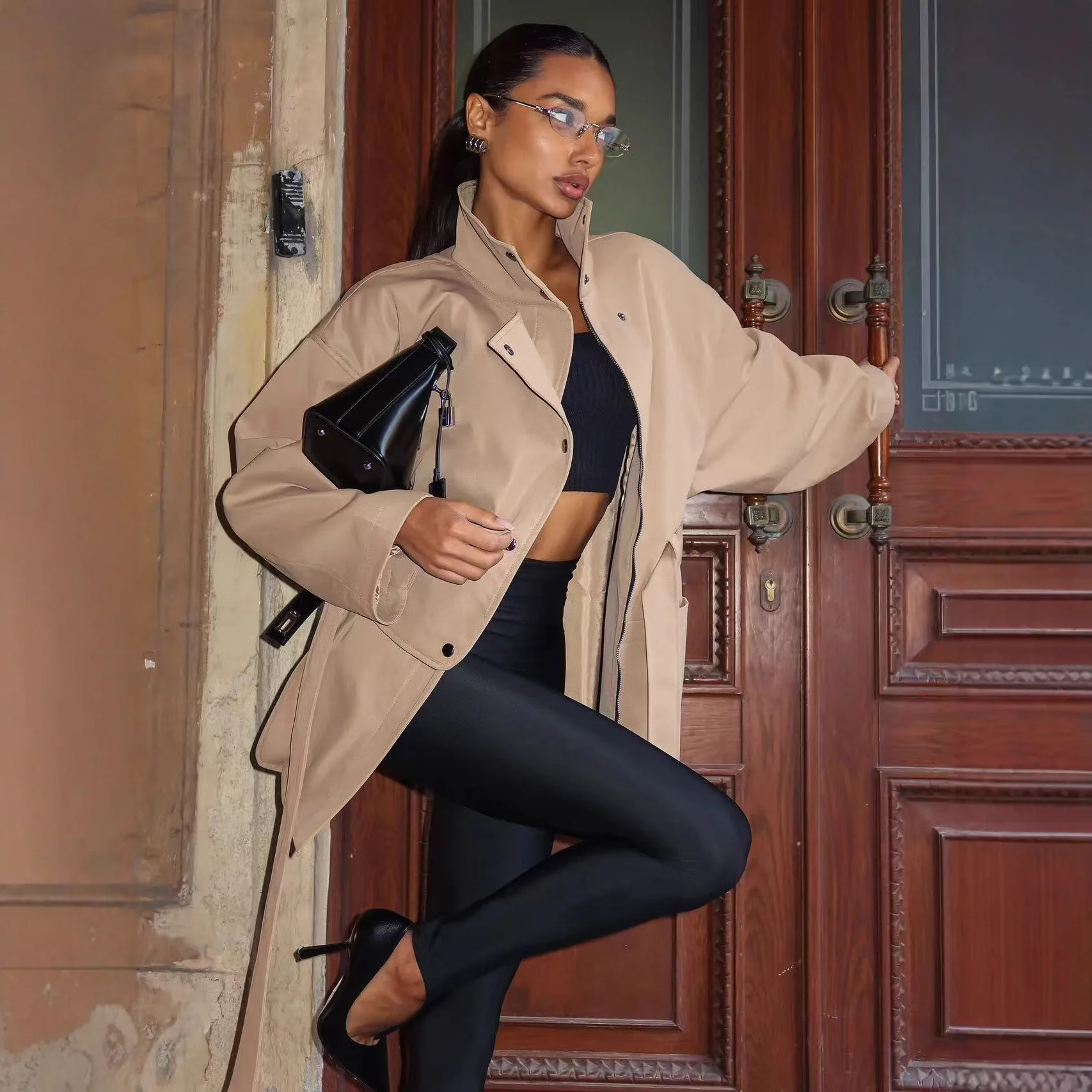 Women Waist Cinching Windbreaker Fashion Solid High Neck Buttons Long Sleeve Single-breasted Coats 2026 Lady Street Solid Jacket