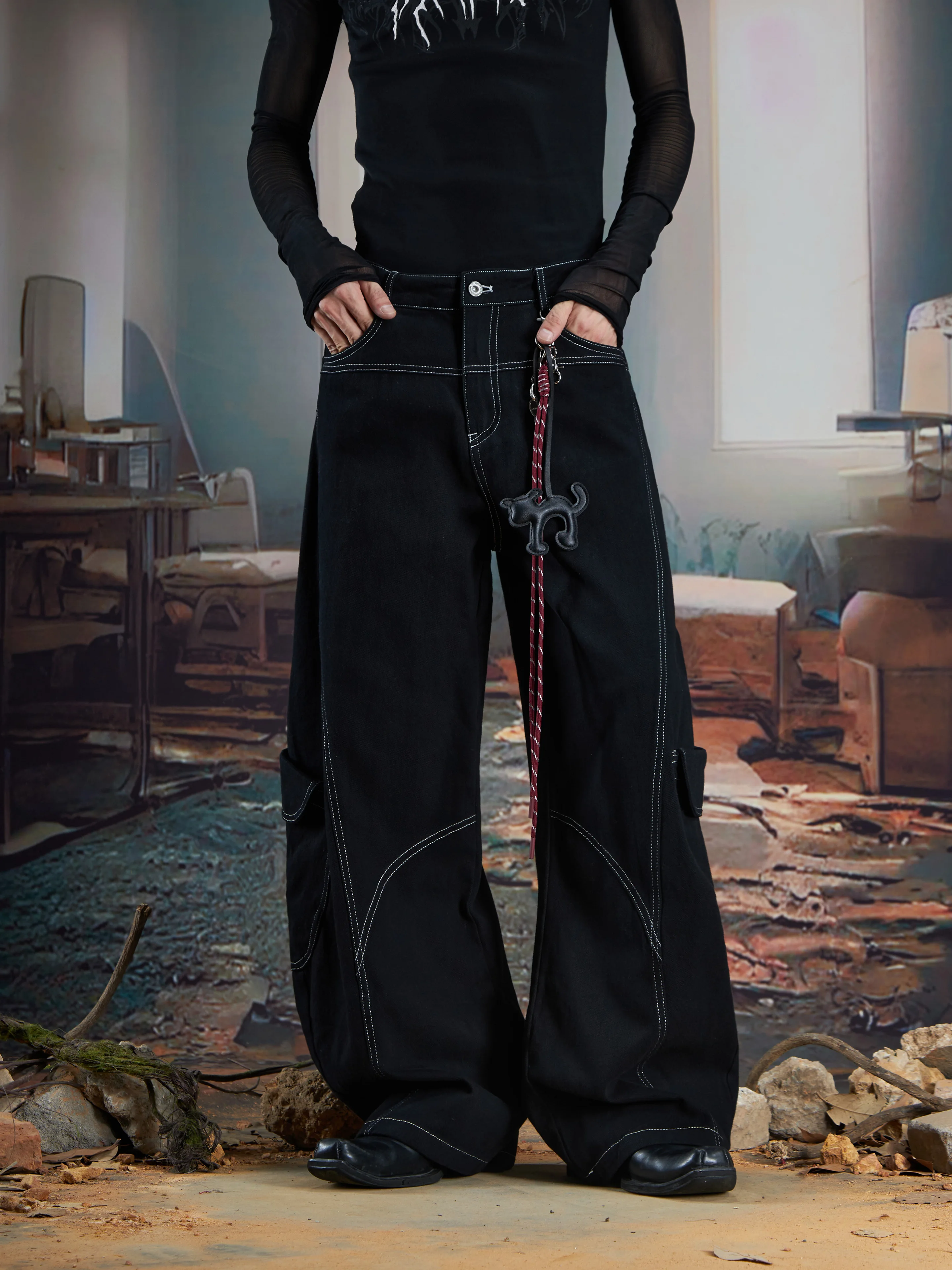 Special-Interest Design (Free Ornaments) Line Multi-Pocket Wide Leg Small Machete Casual Pants Trousers for Men and Women