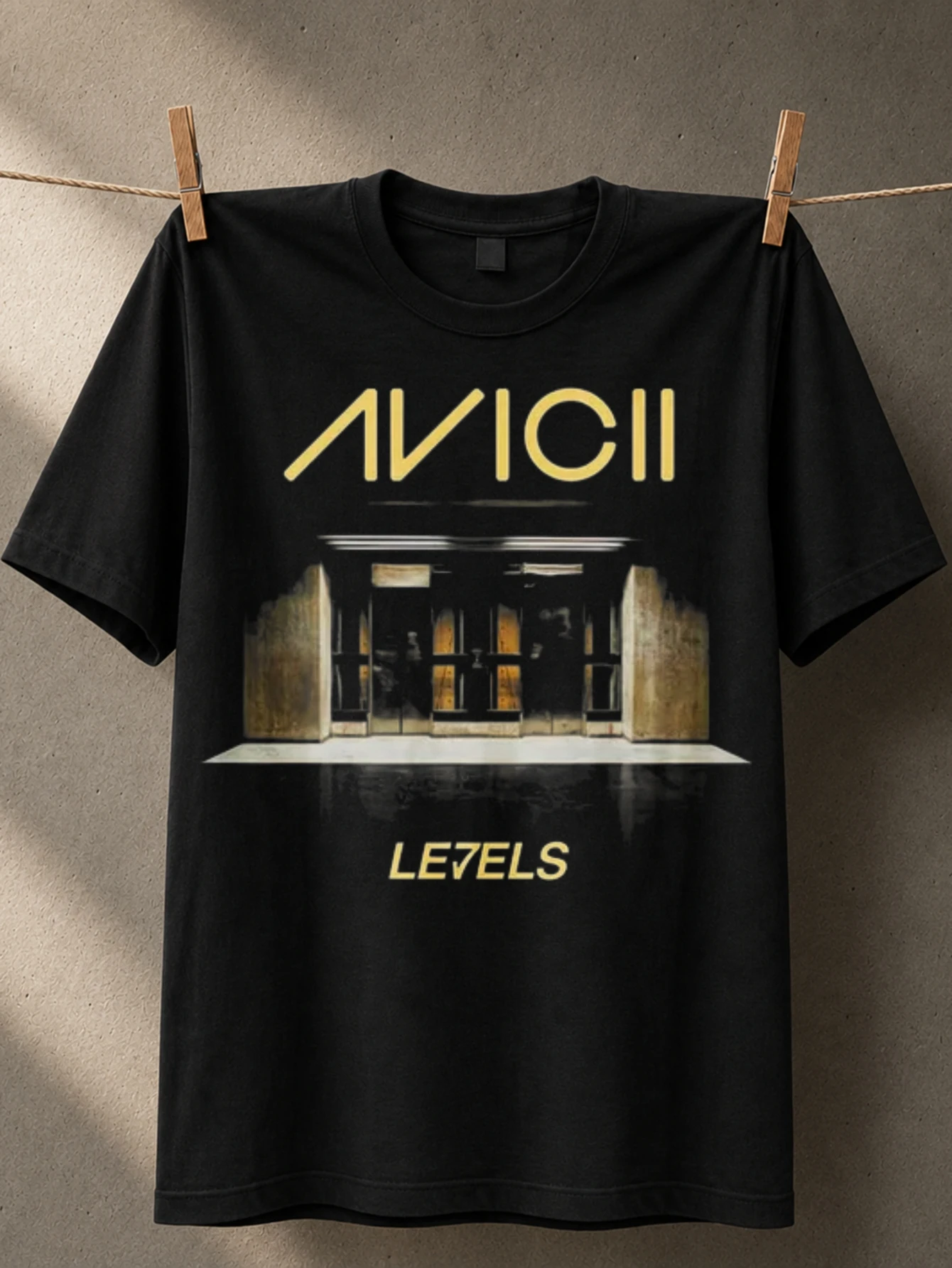 Avicii Levels gold logo lettering above a cinematic doorway graphic minimal electronic dance music  Unisex All T-Shirt