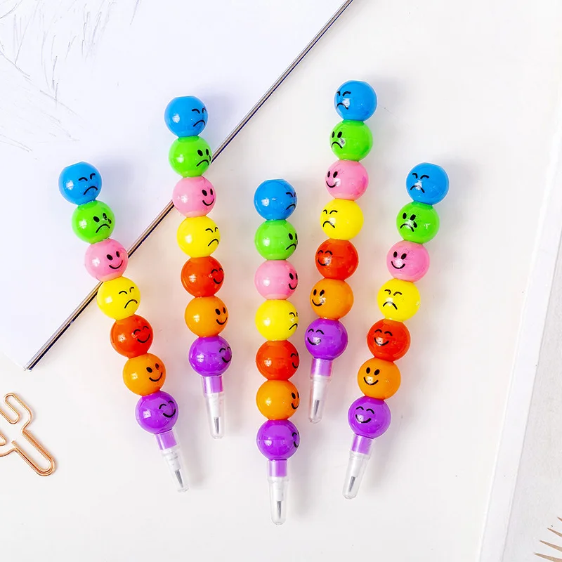 

100 Pcs Stationery Cartoon Student Candy Gourd 7 Colors Doodle Pen Cute Expression Smiling Face Pencil