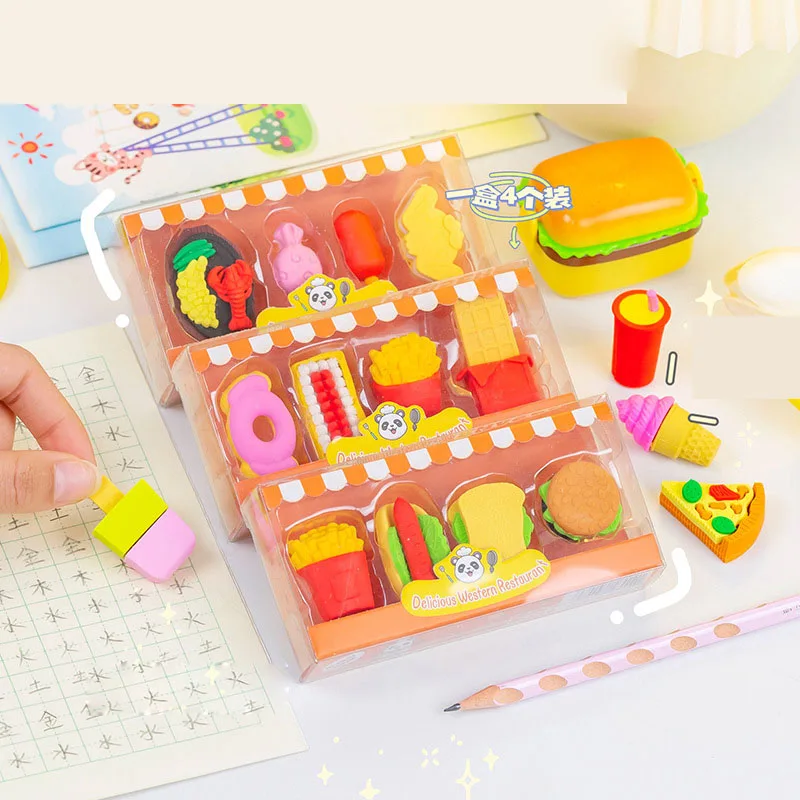 

12 box/lot Creative Snack Hamburg Pencil Eraser Cute Writing Drawing Rubber Erasers Stationery Gifts School Supplies