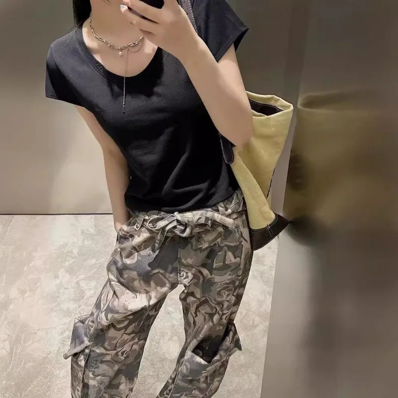 OPEN YY Camouflage Work Pants 2025 Fashion Camouflage Rolled Waist Large Pockets Loose Work Pants Casual