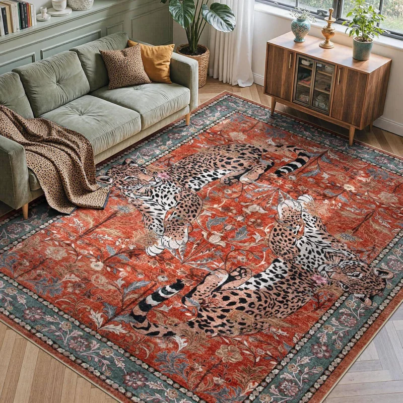 VIKAMA Jungle Tiger Area Rug Green Botanical Floral Wildlife Carpet Bohemian Vintage Living Room Bedroom Large Floor Rug